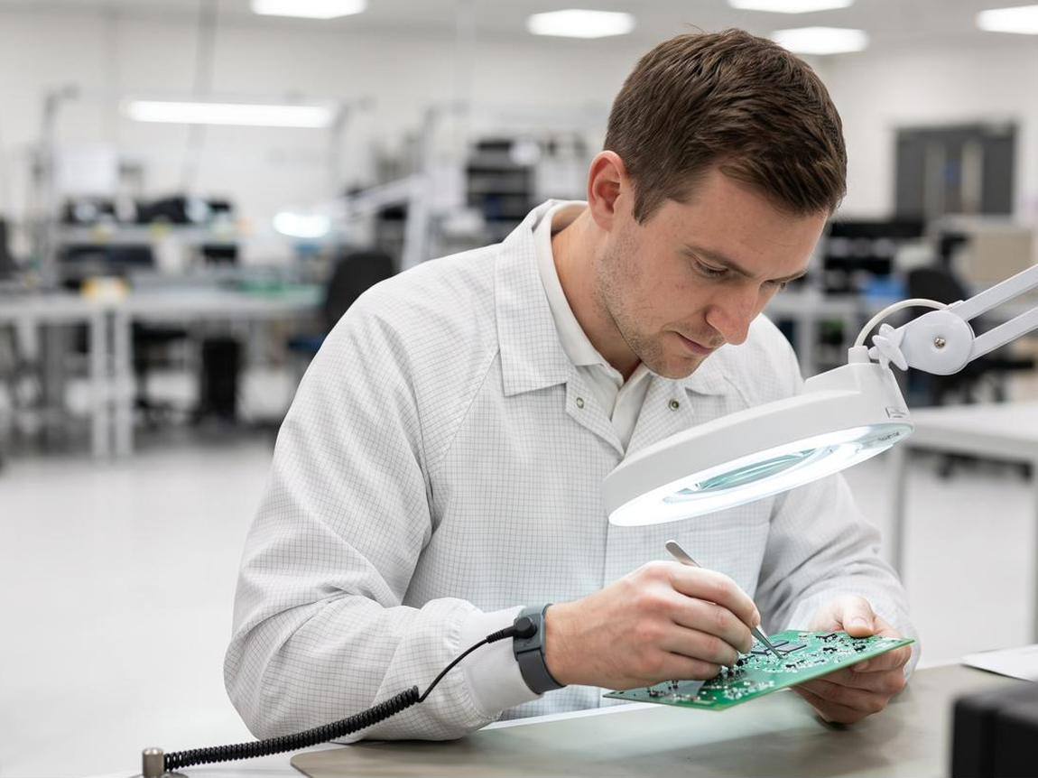 Engenheiro inspecionando placa sob lupa