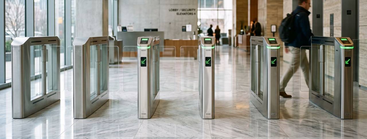 Portais de controle de acesso em lobby corporativo